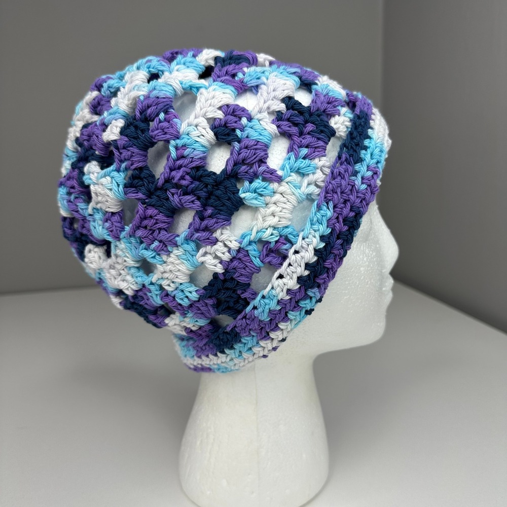 Created By Cyd Crochet Beanie Moondance Blue Purple Cotton Handmade Hat NEW